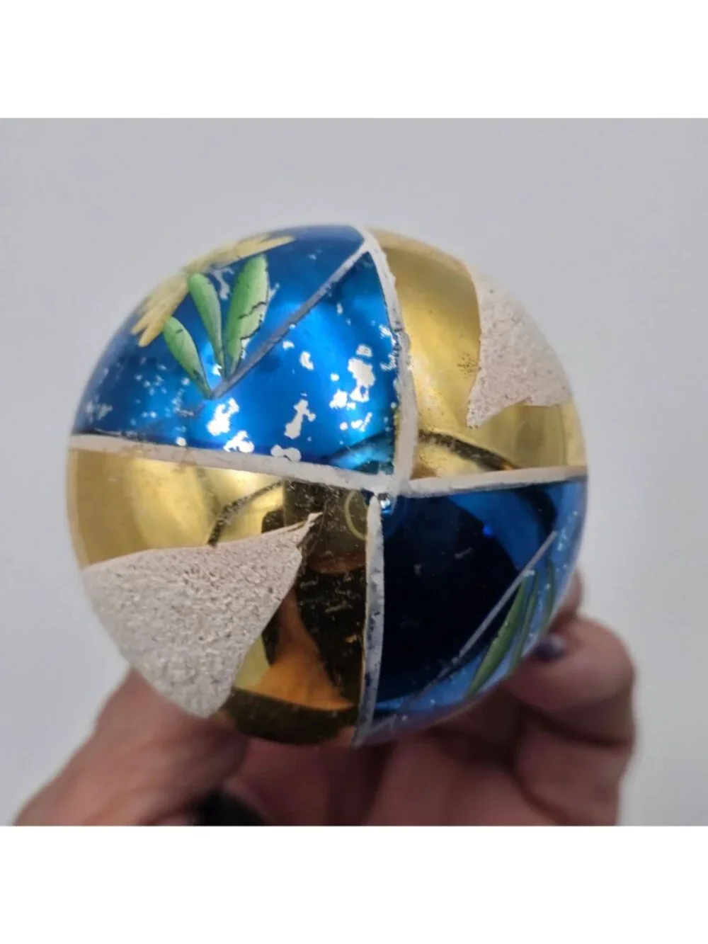 Vintage Poland Glass Ornament Ball Floral Blue Gold Christmas 2.5